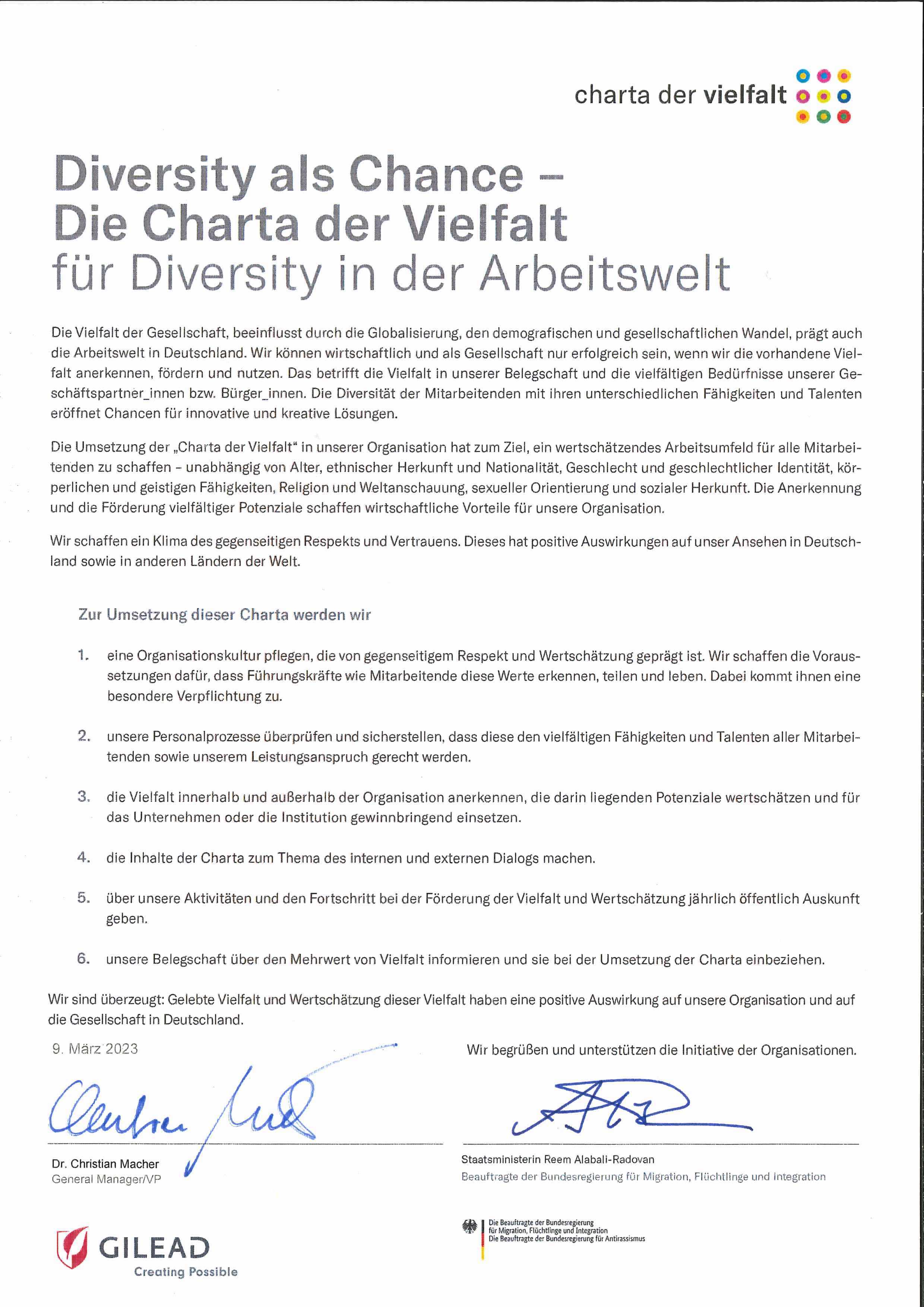 Zu sehen ist eine Urkunde von Charta der Vielfalt, die von Gilead Sciences unterzeichnet wurde